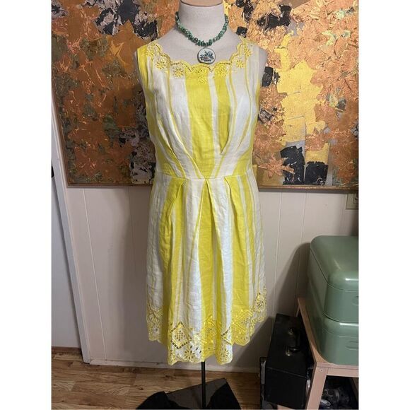 Rene Derhy Paris Sweet Yellow Linen Blend Sleeveless Eyelet Trimmed Day Dress XL - Picture 1 of 11